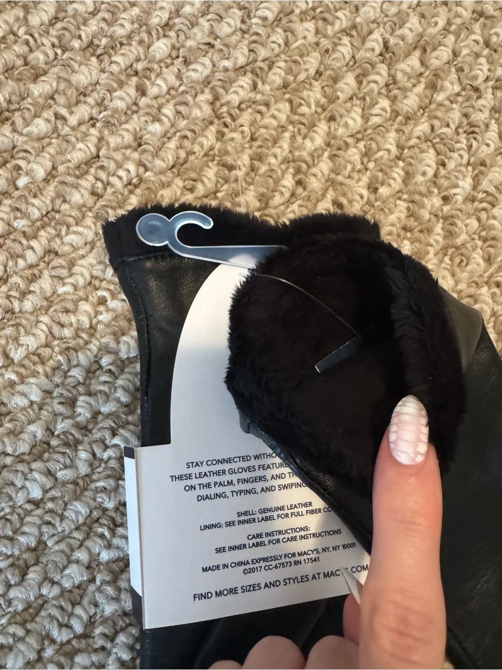 Charter Club Black Leather Gloves with Fur Trim and Touchscreen Tips